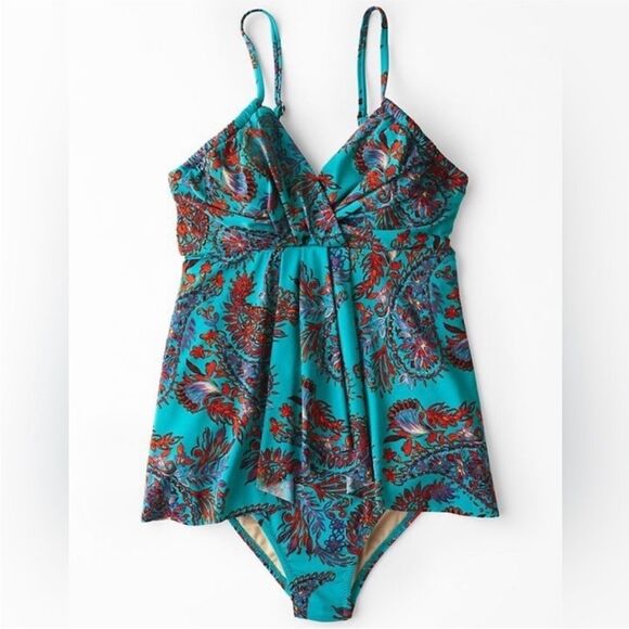 Garnet Hill Ruched-Overlay One-Piece Swimsuit Boho Paisley Women’s Size 2 - Picture 1 of 9